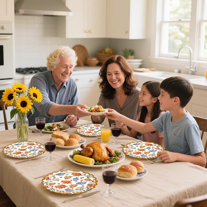 50 Pack Fall Pumpkins Paper Plates, 7inch Thanksgiving Dessert Plates Scalloped Foiled Edge Autumn Leaves Party Supplies for Harvest Friendsgiving Birthday Baby Showers Wedding Decorations