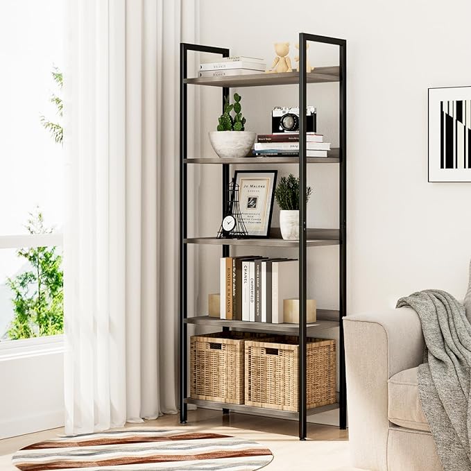 NUMENN Bookshelf, 5 Tier Bookshelves, Home Office Bookcase Shelf Storage Organizer, Free Standing Storage Shelving Unit for Bedroom, Living Room and Home Office, Grey