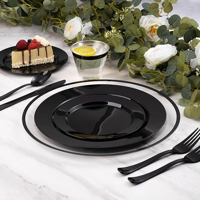 Goodluck 12 Inch Disposable Charger Plates Plastic, 100 Pack Plastic Clear Charger with Black Rim for Dinner, Wedding, Party