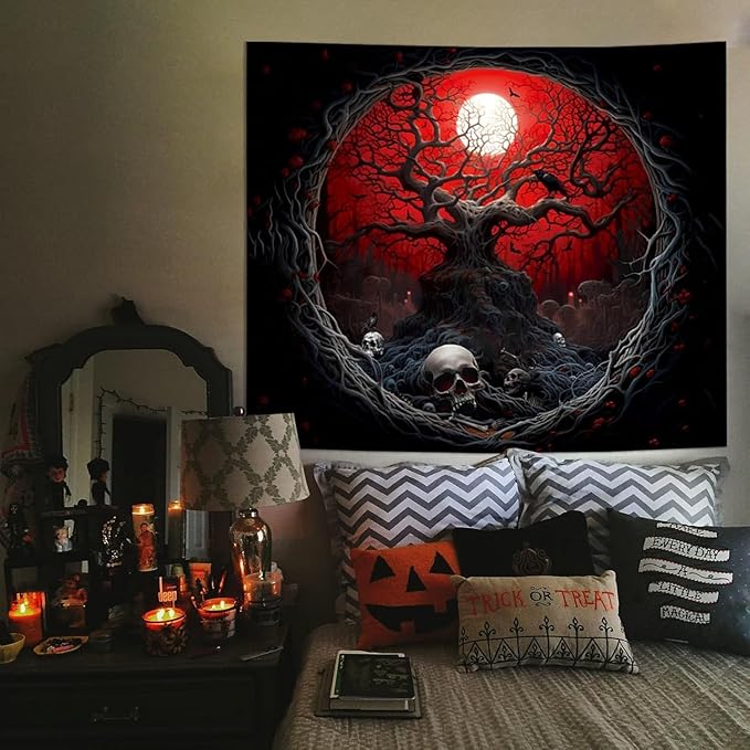 Atrippy Halloween Black Red Anime Tapestry, Gothic Dark Forest Moon Wall Hanging, Nature Skull Withered Tree Landscape Tapestries for Bedroom Living Room Men Dorm 60x 79 Inches