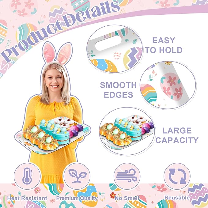 gisgfim 2Pcs Easter Serving Trays 16 X 11 Inch Large Melamine Easter Colorful Egg Trays Platters with Handles Reusable Spring Easter Food Trays for Snacks Birthday Decors Easter Day Party Supplies
