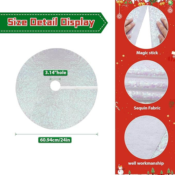 Eternal Beauty Christmas Tree Skirt, 24 Inch White Iridescent Sequin Tree Skirt Small Xmas Tree Skirt for Christmas Tree Decorations