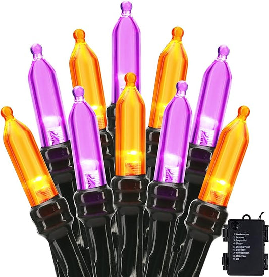 BrizLabs Orange Purple Halloween Lights, 33ft 100 LED Battery Halloween Lights, 8 Modes Orange Purple String Light with Timer, Indoor Outdoor Mini Battery Light for Outside Tree Bedroom Patio Decor