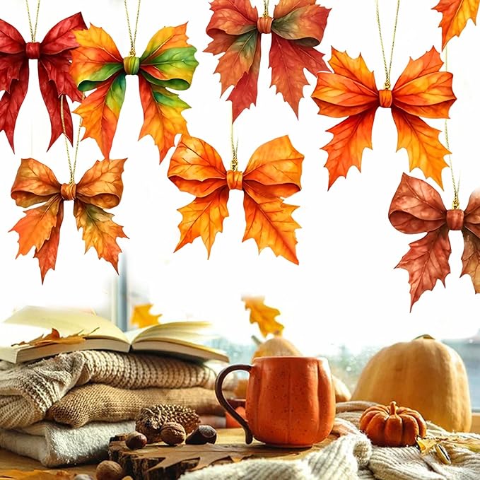 Fall Thanksgiving Hanging Ornament,9 Pcs Cute Bow Shaped Maple Leaf Acrylic Pendant, Funny Cartoon Christmas Tree Ornaments Decorationfor Tree Mini Autumn Leaf Decorations Indoor Outdoo