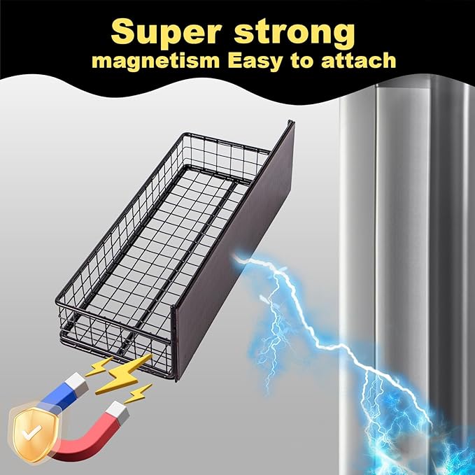 Magnetic Basket, Magnetic Shelf for Fridge, Magnetic Spice Rack for Refrigerator Magnetic Locker Organizer Holder for Office Kitchen Classroom Storage, Black-Low, 9.44" x 4" x 1.77"