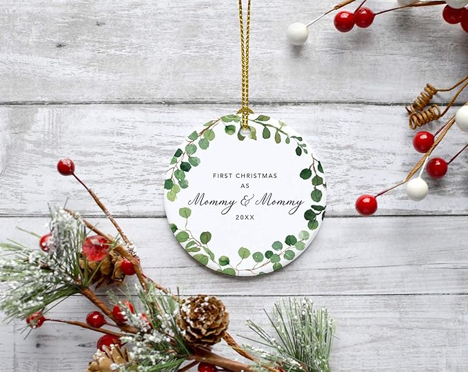Andaz Press Custom Year Round Ceramic Porcelain Christmas Tree Ornament Keepsake Collectible Gift, First Christmas as Mommy & Mommy 2025, Farmhouse Eucalyptus Wreath, 1-PackLesbian Couple