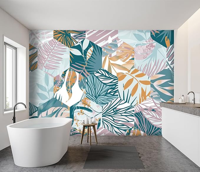 '-Abstract Geometry Botanical Banana Leaf Fabric Wallpaper Living Room Bedroom Bathroom Tropical Plant Leaf Large Wall Mural- 183"x120"（ not Peel and Stick）