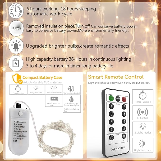 6 Pack Fairy Lights Battery Operated with Timer 2PCS Remote 6.5ft 20LED Warm White Twinkle Lights Waterproof Silver Wire Fireflies Lights DIY Mason Jar Wedding Party Christmas Centerpiece Table Deco