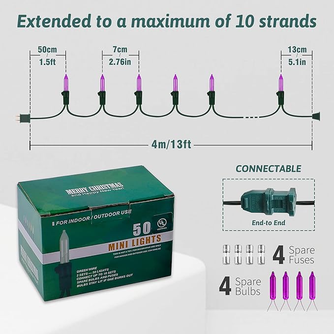 woohaha Outdoor Halloween Lights, 2PACK 13ft 50 Count Incandescent Blubs & Green Wire Mini Lights, 120V High-Voltage Connectable Light String, for Indoor Patio Garden Tree Party Decoration, Purple