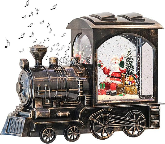 GenSwin Lighted Christmas Snow Globe Lantern, Battery Operated Santa Claus Musical Train LED Water Glittering with 6H Timer, Christmas Home Decoration Gift(Copper)