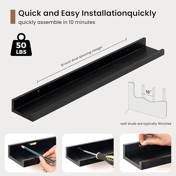 Picture Ledge Shelf, Solid Pine Wood Floating Shelves Set of 2, 24 Inches Nursery Book Shelves for Toys Storage, Kids Bookshelf Wall Mounted for Living Room Bedroom Decor Books Photo Frames, Black