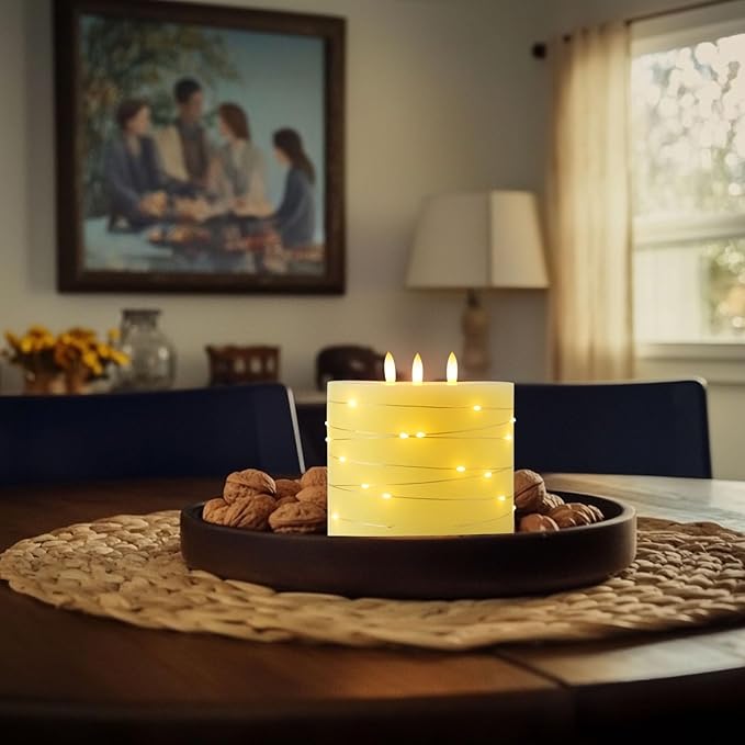 Amagic 6"x6" Extra Large Flameless Candles with 3 Wicks, Battery Operated Candles with Remote Control and Timer, LED Pillar Candles with Bling String Light, Real Wax, Realistic 3D Wick, Ivory