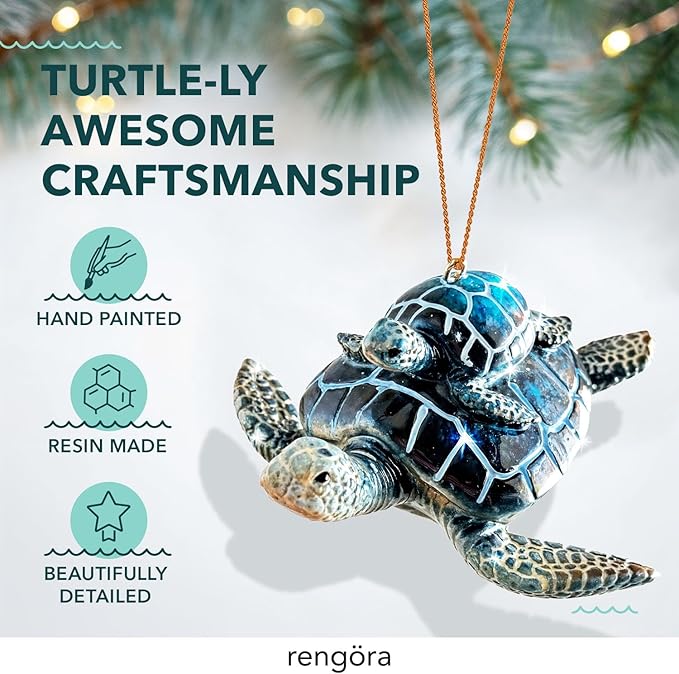 Hand-Painted Beach Christmas Ornament – Coastal Tree Decoration for Ocean Lovers – Unique Nautical Ornament for Christmas Tree or Stocking Stuffer Gift (Blue Sea Turtle Mother and Baby)