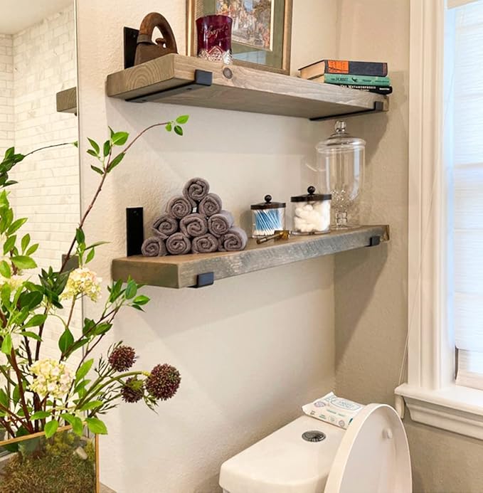 Rustic Shelves with J-Brackets Set of 2, Industrial Shelf, Kitchen Shelves, Solid Wood, Decorative Wall Storage, Heavy Duty, URBANDI (Grey, 36Wx12D)