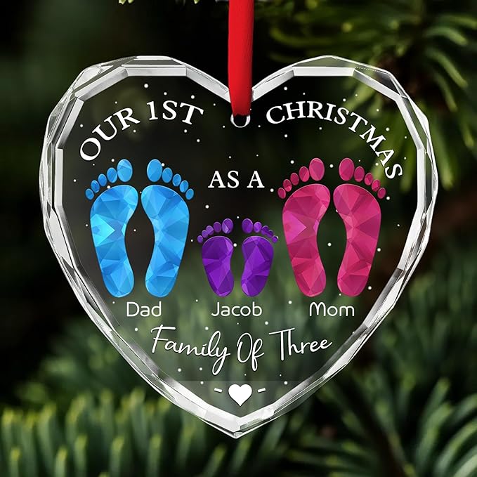First Christmas As A Family - Personalized Custom Glass Ornament for Family of 3 People and Pets, 1st Xmas Family Ornament 2025 Baby's First Christmas