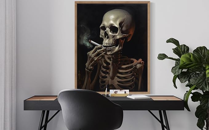 Skull Smoking Ciggarettes Poster Art Print, Halloween Scary Vintage Wall Art Academia Spooky Painting Decoration for Horror Prints, Gothic Posters Bedroom Decor 89 (Skull Smoking Ciggarettes, 16 x 20 inches, Wood Frame)