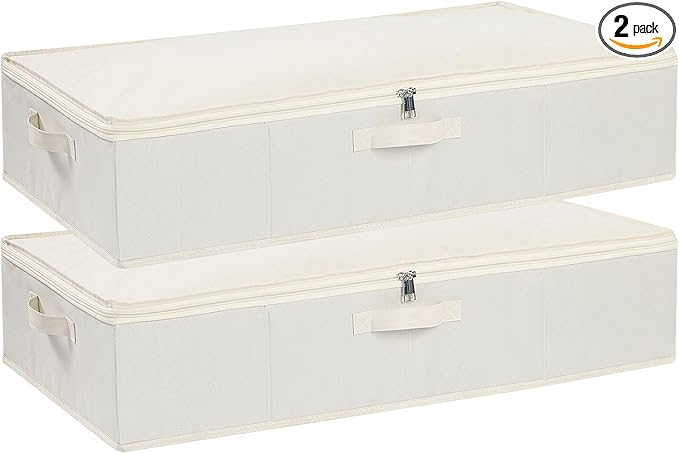 Under the Bed Storage Bins, Closet Organizers with Reinforced Handles for Blanket, Sheets, Pillows, Towels, Shoes, Beige, 2 Pack, 23.6 x 11.8 x 5.9 Inch