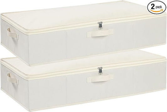 Under the Bed Storage Bins, Closet Organizers with Reinforced Handles for Blanket, Sheets, Pillows, Towels, Shoes, Beige, 2 Pack, 23.6 x 11.8 x 5.9 Inch