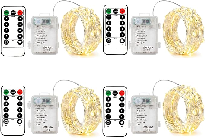 4 Pack Battery Operated Fairy String Lights, 8 Modes 5M Silver Wire with Remote & Timer - 50 LEDs Waterproof for Bedroom, Wedding, Christmas, Party Decorations