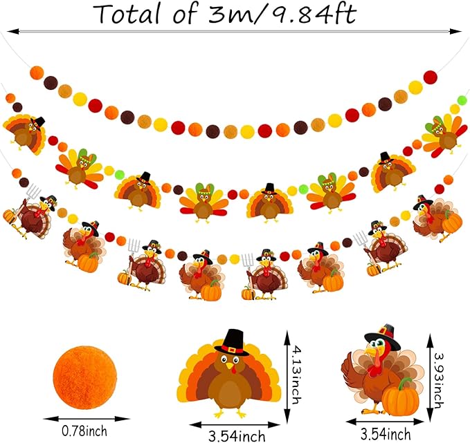 Doumeny 3Pcs Fall Thanksgiving Felt Banner Thankful Felt Turkey Bunting Garland Happy Thanksgiving Hanging Garland Give Thanks Party Banner Pompom Ball Bunting with Turkey for Home Fireplace Decor