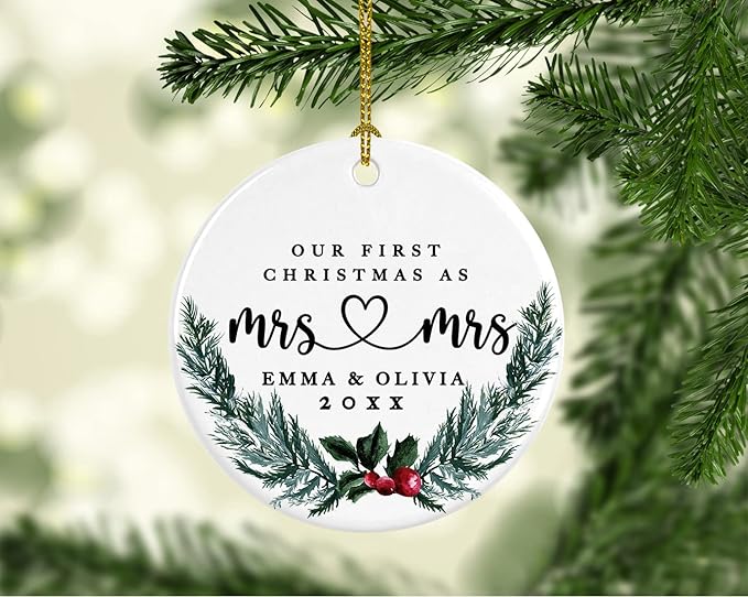 Andaz Press Personalized Our First Christmas As Mrs. & Mrs. 2025 Christmas Ornaments Holly & Pine Wreath 2.8" Round Porcelain Ceramic Lesbian Married Couple Gay Women Newlyweds Wedding Keepsake 1-Pack