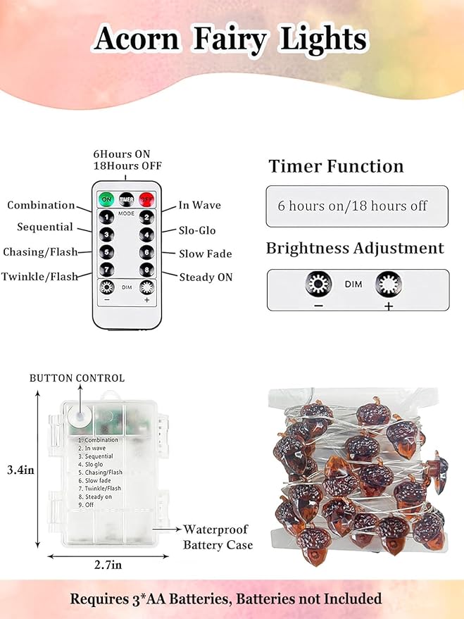 Fall Decor Acorn Fairy Lights Battery Operated with Remote, 10ft 30LED Acorn Fall Lights String 8 Modes & Timer Waterproof Outdoor Indoor for Thanksgiving Autumn Harvest Garland Halloween Decorations