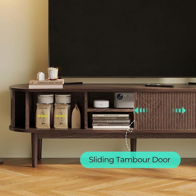 LINSY HOME TV Stand for 65" TV, Mid-Century Modern 58" Entertainment Center with Sliding Tambour Door and Storage Cabinet, Cruved TV Media Console Table for Living Room, Bedroom, Walnut