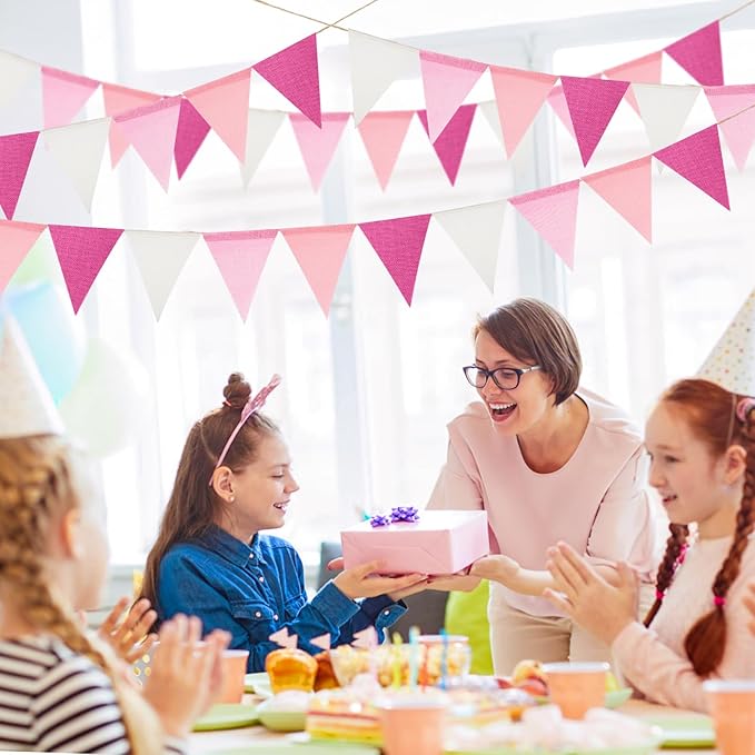 G2PLUS Pre-Strung Burlap Pennant Banners, 39Ft Pink Fabric Triangle Flag Bunting, 36Pcs Pennant Banner Flags Garland for Birthday, Wedding, Baby Shower, Holiday Party Decorations