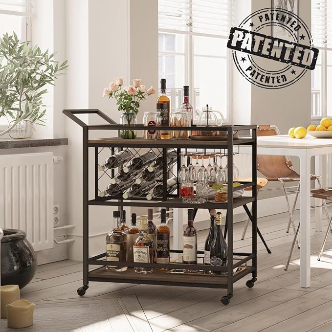 FATORRI Bar Cart for The Home with Wine Rack and Glasses Holder, Small Home Bar Serving Cart on Wheels for Liquor and Alcohol (Walnut Brown)