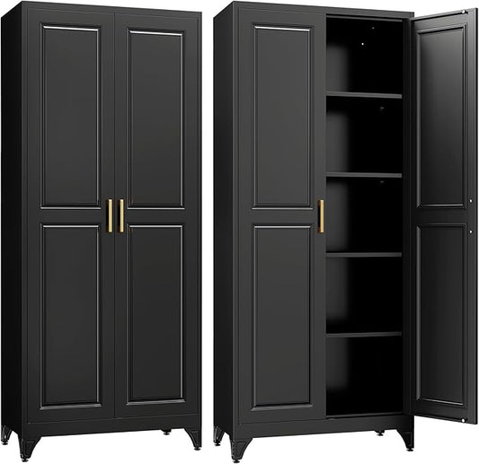 Kitchen Pantry Cabinet,75”Black Metal Storage Cabinets with Doors and 4 Adjustable Shelves,Kitchen Cabinet with 2 Gold Handles,Tall Cabinet for Livingroom, Bathroom