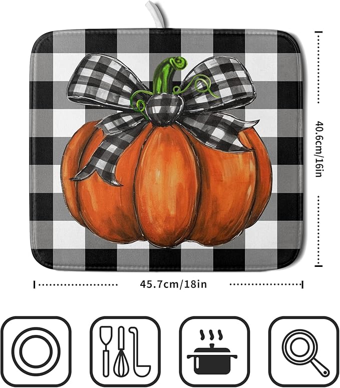 Fall Pumpkin Dish Drying Mat for Kitchen Counter Black White Buffalo Check Thanksgiving Super Absorbent Reversible Microfiber Kitchen Countertop Protector Dishes Pad Small 16x18 inch