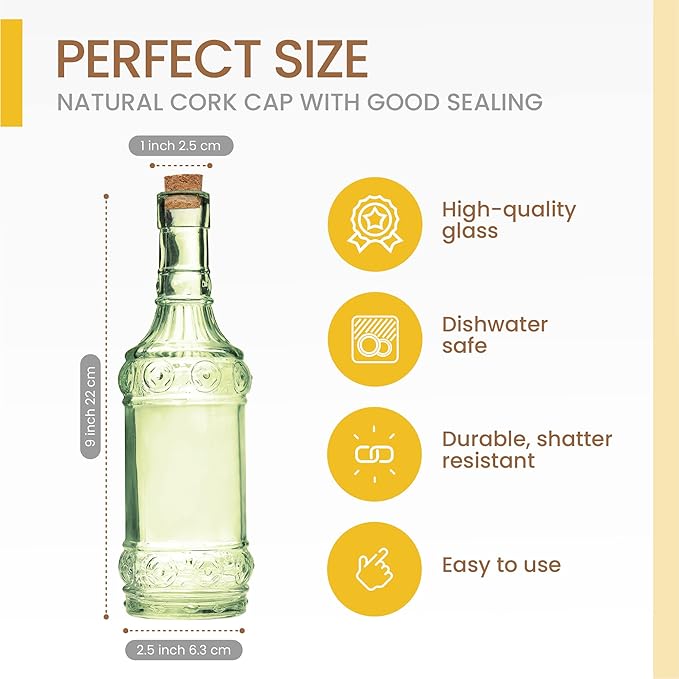 Assorted Green Glass Bottles with Corks, 6 Pack, 2.5in X 9in, 16oz