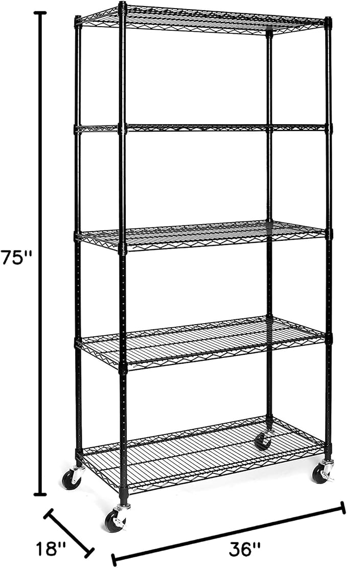 Seville Classics UltraDurable Heavy Duty NSF Solid Steel Wire Rack Storage Unit, Organizer for Garage, Warehouse, Office, Restaurant, Classroom, Kitchen, Black, 5-Tier Shelving, 36" W x 18" D