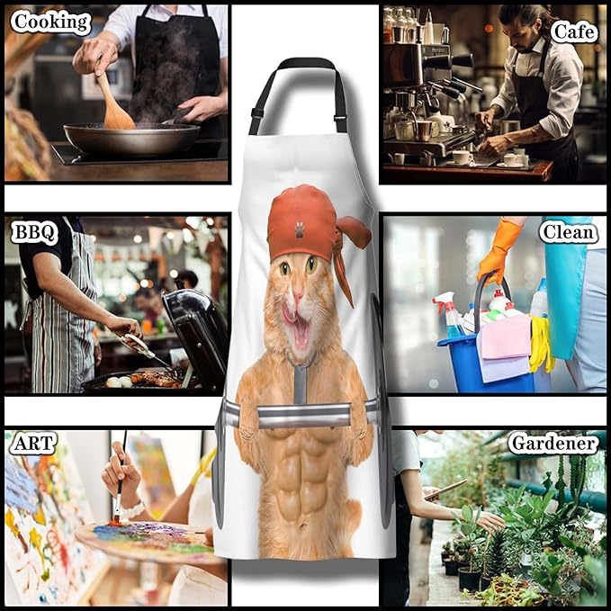 Apron Kitchen for Women Fitness Cat Mans Aprons for Cooking Funny for Kitchen Cooking Restaurant BBQ Painting Crafting Gardening 27” (W) x 31” (H), Waterproof Apron