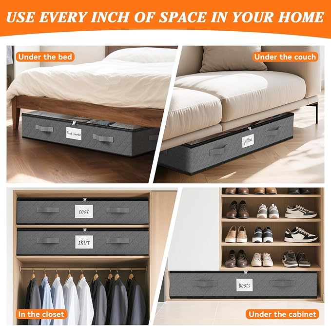 SpaceWhisper 90L Under Bed Storage Containers, 4-Pack Storage Bins with Clear Top, Foldable Closet Organizers and Storage with Label Holder for Clothing, Blankets, Comforter & Pillows (Grey)