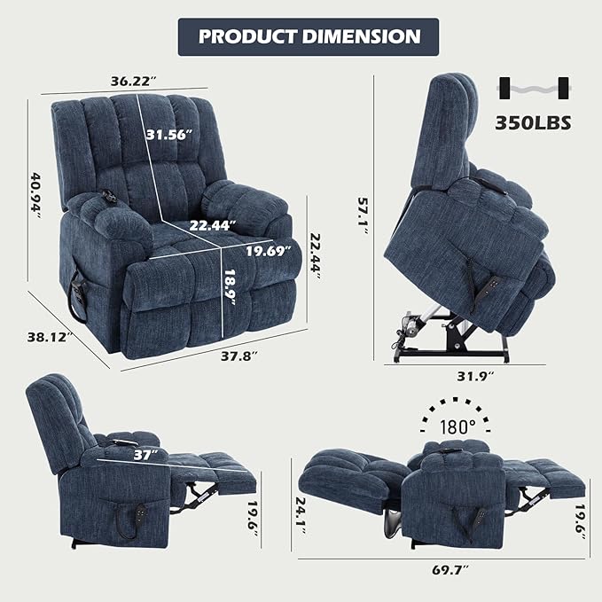 Dual Motor Power Lift Recliner Chair with Massage and Heat for Elderly People, Infinite Position, Dark Blue Recliner Chair, Chenille Fabric Lift Chair
