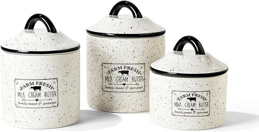 American Atelier Canister Set 3-Piece Ceramic Jars in Small, Medium, Large with Airtight Lids for Cookies, Candy, Coffee, Flour, Sugar, Rice, Pasta, Cereal & More (Farm Fresh)