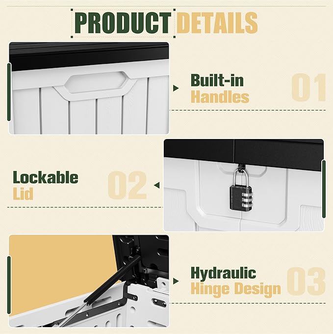 JUMMICO 250 Gallon Outdoor Resin Deck Box with Divider, Waterproof Storage Box with Lockable Lid&Side Handles for Garden Tools, Pools Supplies (White with Black Cover)