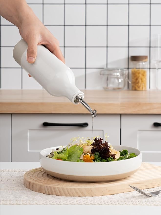 famiware Milkyway 16oz Ceramic Olive Oil Dispenser Bottle, Olive Oil and Vinegar Dispenser Bottle Set of 2 with Stainless Steel Pourers, Suitable for Storage Vinegar, Liquids, White and Dark Gray