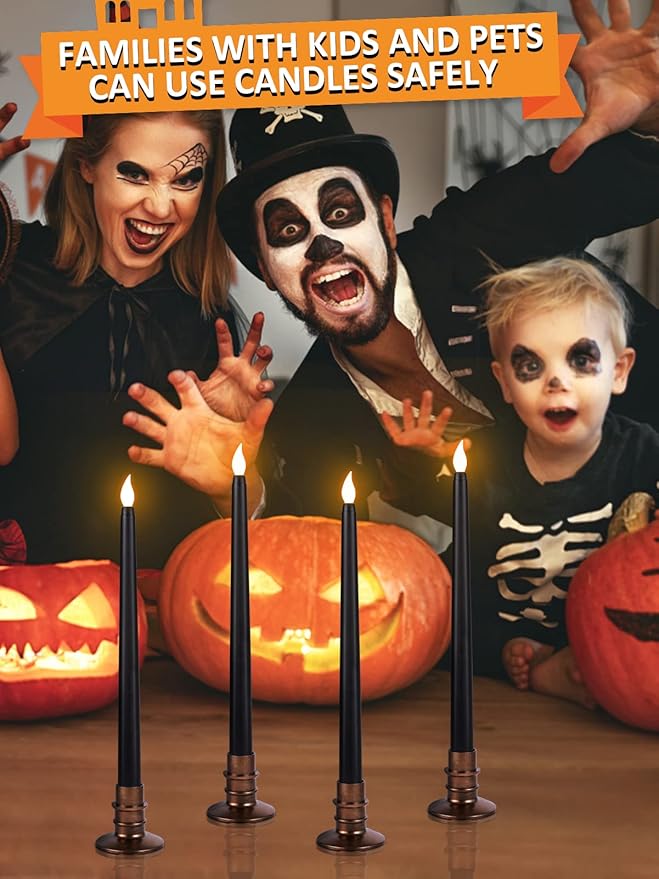 Alphatool 6 Packs Halloween Black LED Flameless Candles with Bases - Flicker Flame, Tall Taper Smokeless Dripless Candles, Decor for Fireplace Diningtable Bar School