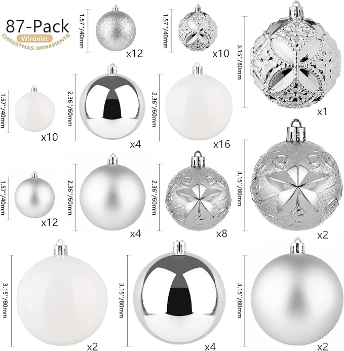 87-Pack Shatterproof Christmas Ball Ornaments Set, Christmas Tree Decorations with Hand-held Gift Package for Xmas Tree Holiday Wedding Party, Silver