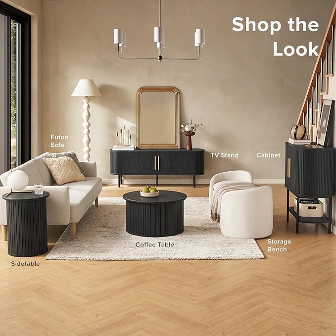 mopio Quin TV Stand, Mid Century Modern for 55/60/65 inch TV, Farmhouse TV Stand, Entertainment Center with Storage, TV and Media Console for Living Room (Black, 59" Tambour)