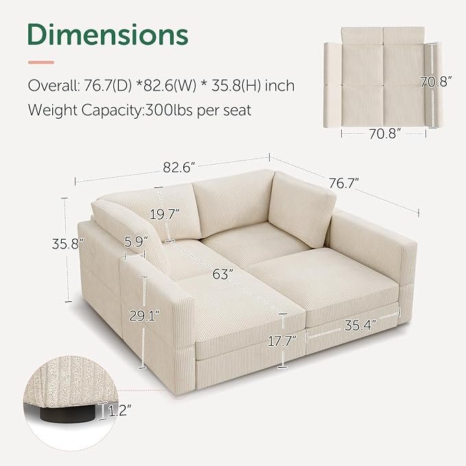 HONBAY Modular Sectional Couches with Storage Corduroy Sleeper Sofa Modular Sectional Couches for Living Room,Beige