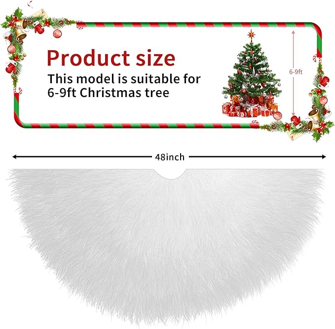 48 Inch Christmas Tree Skirt, White Plush Faux Fur Tree Skirts for 7.5 to 9 ft Trees, Snowy Xmas Tree Mat Decorations for Holiday Christmas Halloween Indoor Outdoor Decor