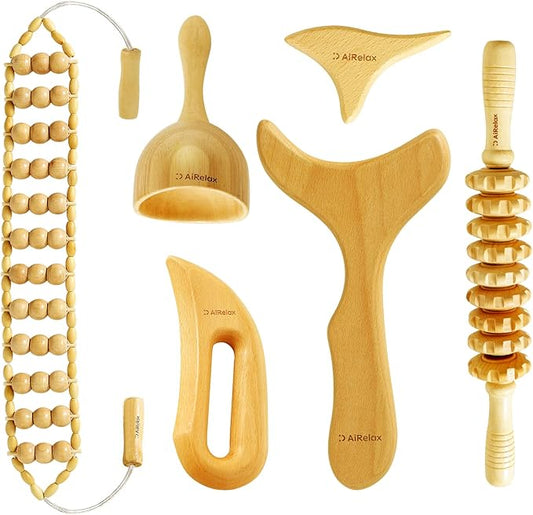AiRelax 6 in 1 Wood Therapy Massage Tools,Lymphatic Drainage Massager Maderoterapia Kit Colombiana for Body Shaping,Body Sculpting Massage kit Tools
