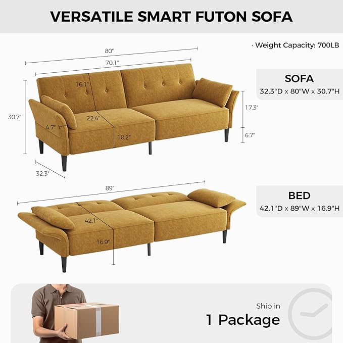 89” Futon Sofa Bed,Comfy Futon Couch Bed with 2 Square Pillows, Convertible Sleeper Sofa with Adjustable Backrest& Armrests, Modern Loveseat Sleeper for Living Room, Bedroom, Yellow