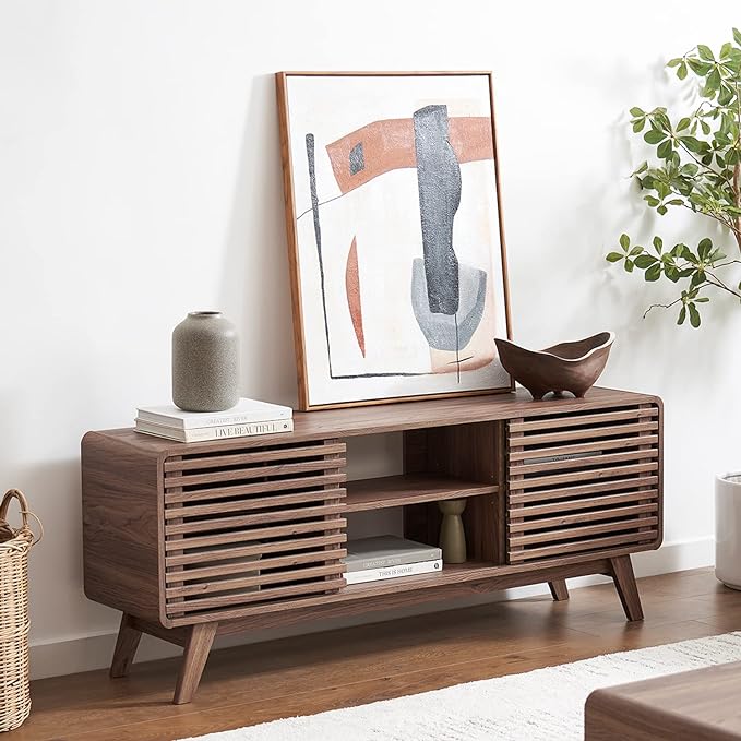 mopio Ensley TV Stand, Mid Century Modern for 55/60/65 inch TV, Farmhouse TV Stand, Entertainment Center with Storage, TV and Media Consol for Living Room (Walnut, 59" Tall)