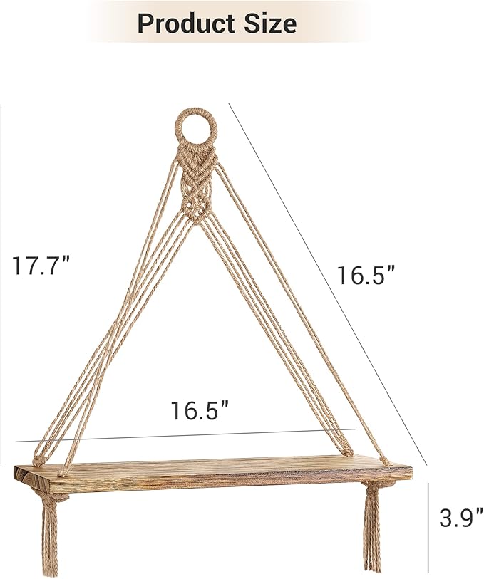 Mkono Macrame Hanging Shelves Boho Wall Decor Set of 2 Rustic Wood Floating Storage Shelf for Bedroom Bathroom Living Room Nursery Dorm Room, Display Shelving for Hanging Plants Photos