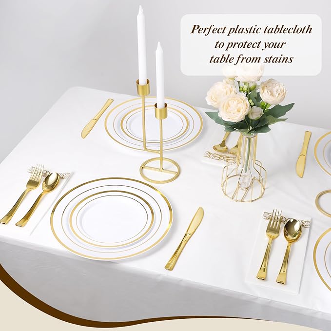 Goodluck 54 Inch X 100 Feet Plastic Table Cloths with Cutter Box, White Disposable Table Cover Roll, Plastic Tablecloth for Party, Banquet, Wedding, Birthday, Anniversary