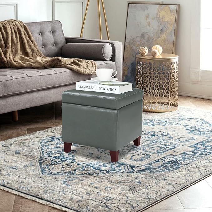 Adeco Bonded Leather Square Tufted Cubic Cube Footstool, 18" Height Storage Ottomans, with Lid, Cement Grey